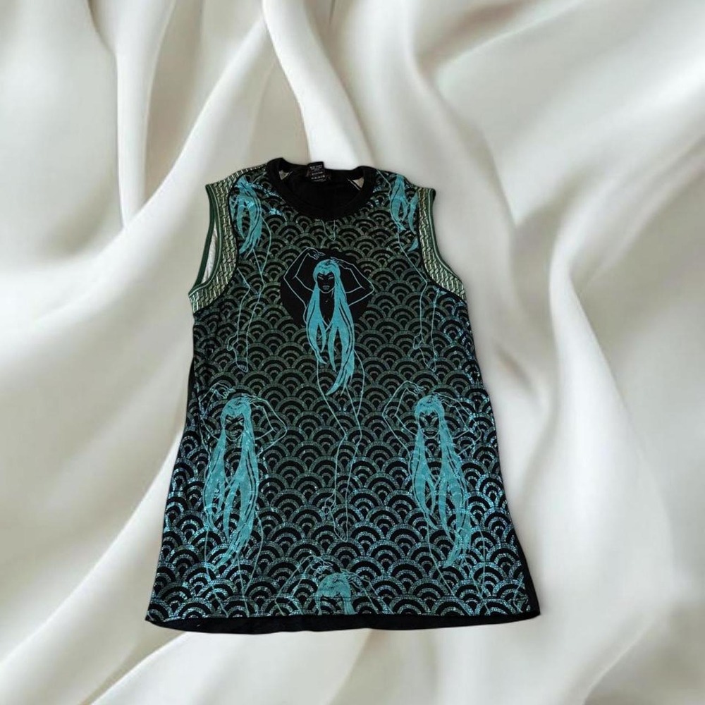 Custo Barcelona black teal mermaid graphic sleeveless knit tunic top euro y2k